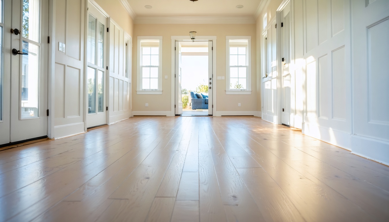 A clean, sunlit home interior with polished floors and bright windows