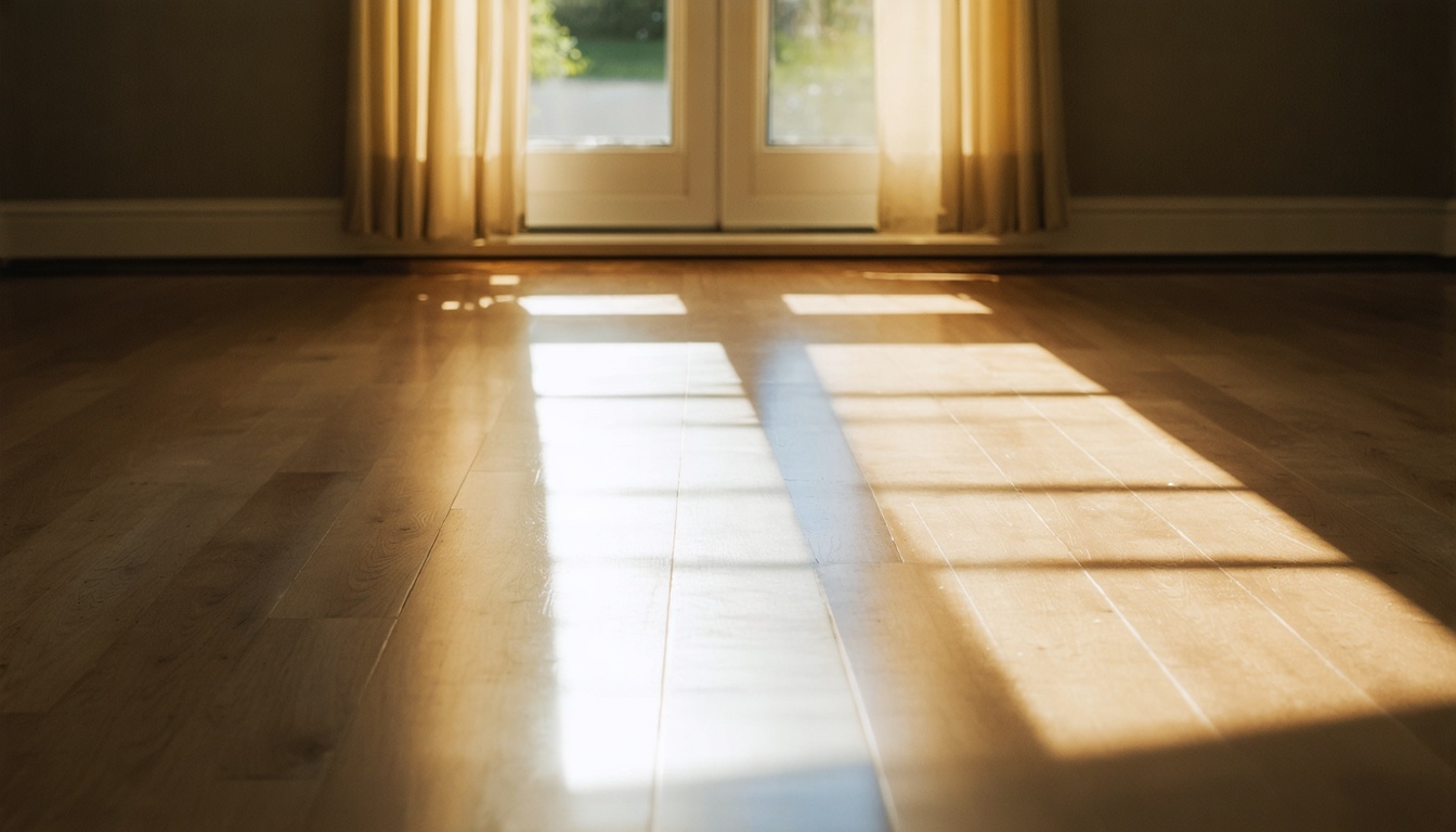 Sunlight streaming through a freshly cleaned window onto gleaming hardwood floors