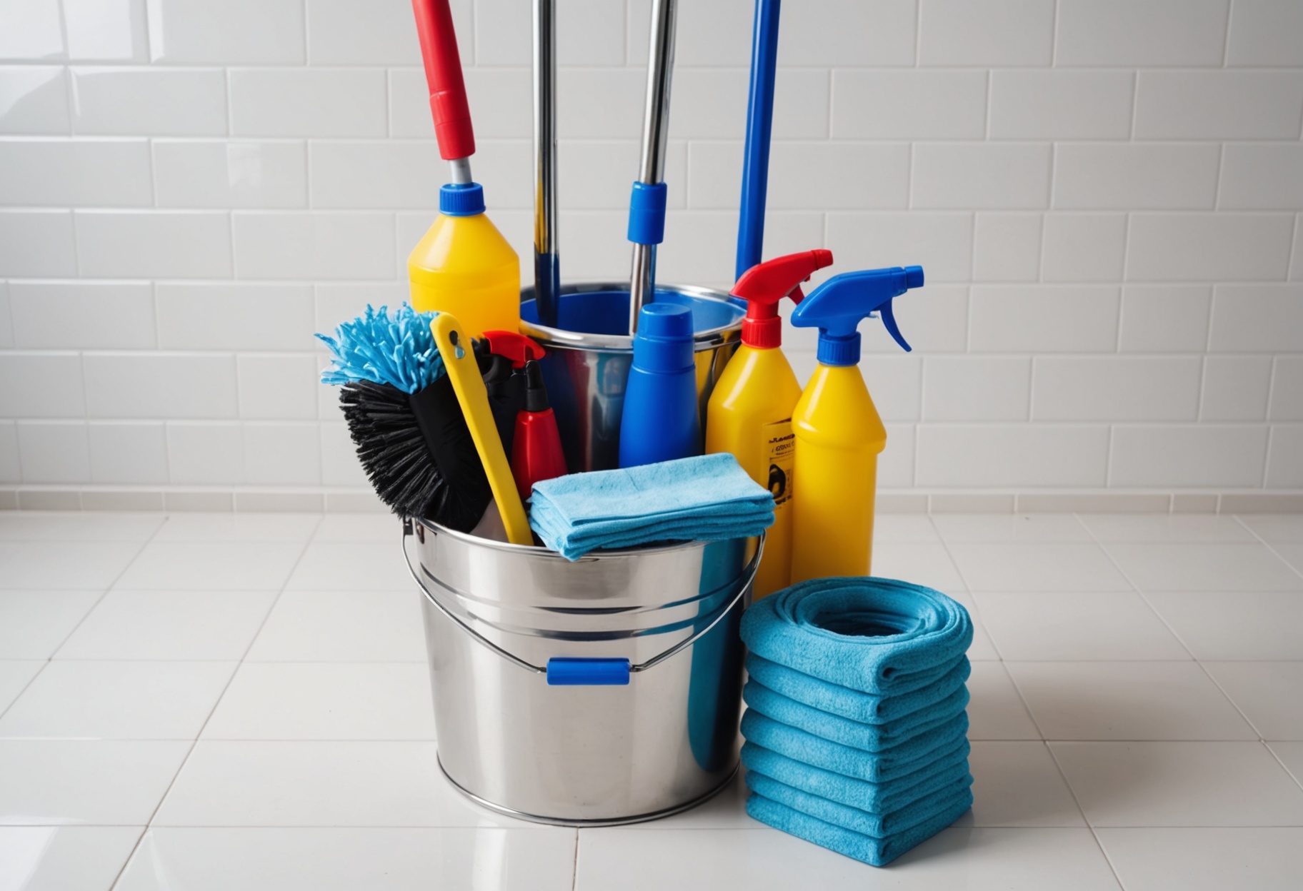 Cleaning supplies and a mop bucket arranged neatly on a bright tile floor
