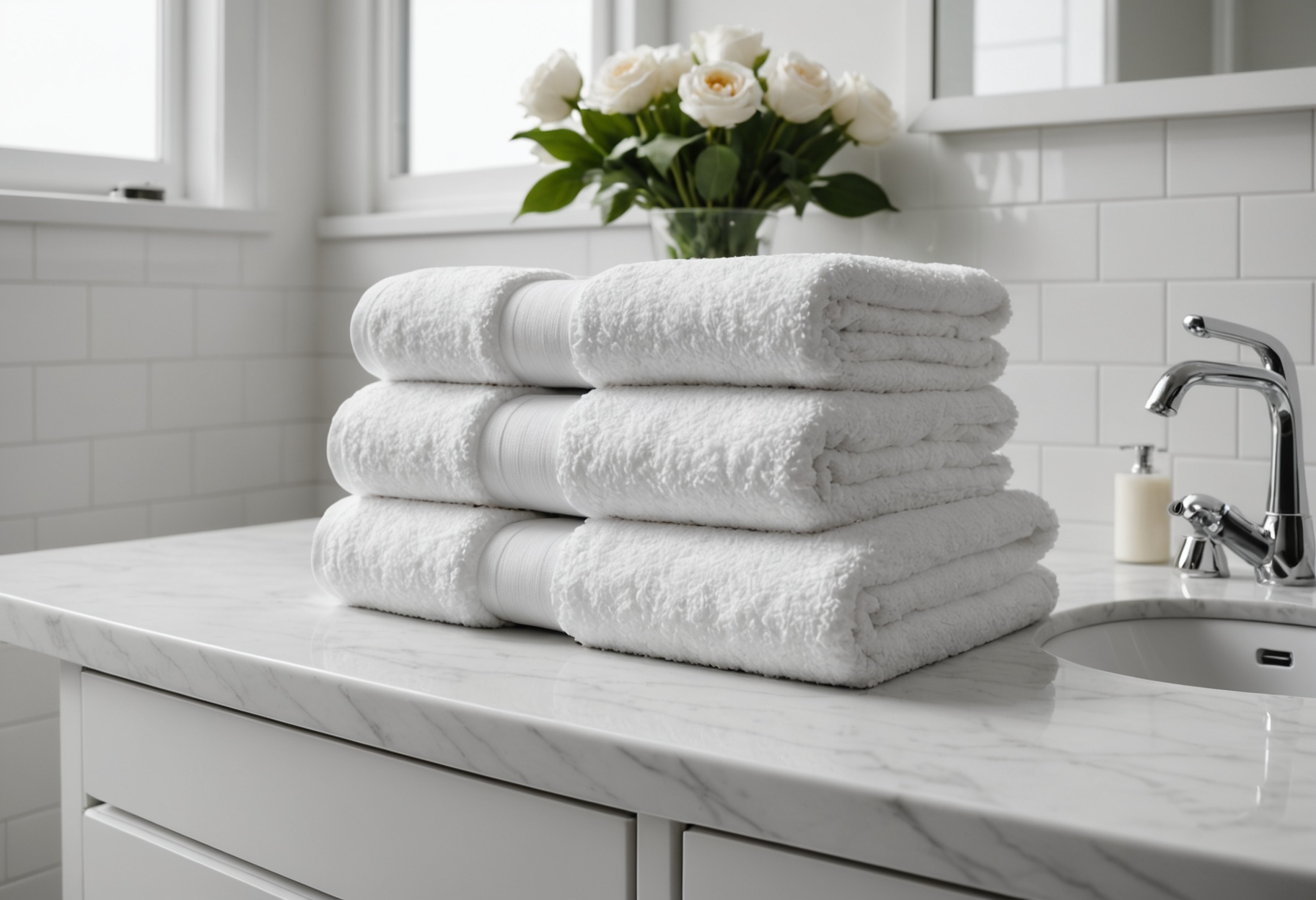 Neatly folded white towels on a spotless bathroom vanity