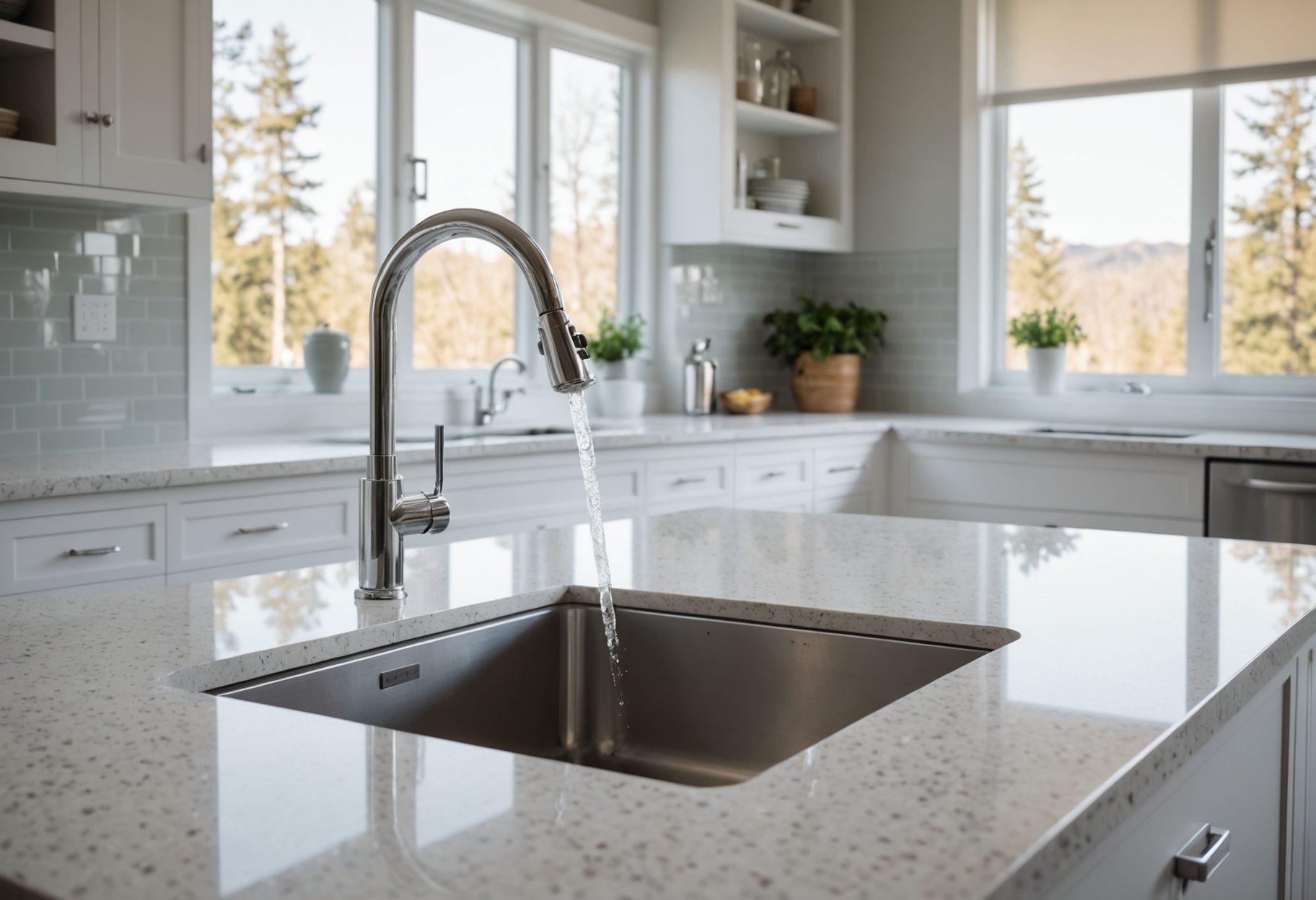 Sparkling kitchen countertops with pristine surfaces reflecting soft natural light